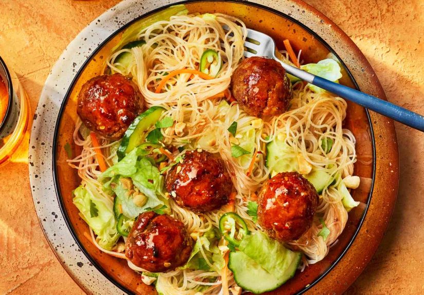 Hoisin-Serrano Meatballs and Rice Noodle Salad