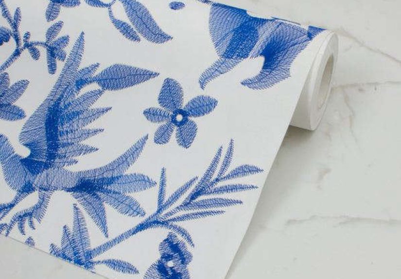 Aves Embroidered Wallpaper - Navy